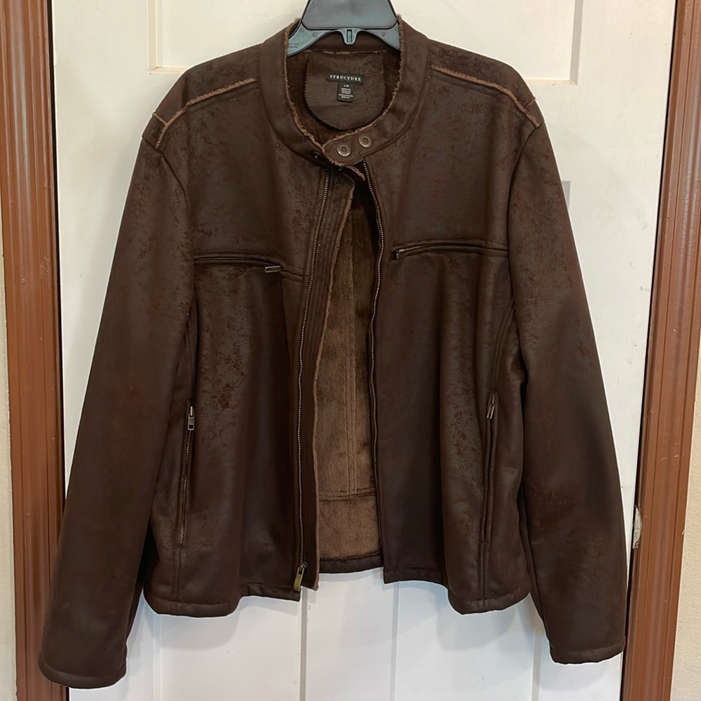 Mens Structure Brand Faux Suede Brown "Bomber" Jacket Zippered Pockets Coat